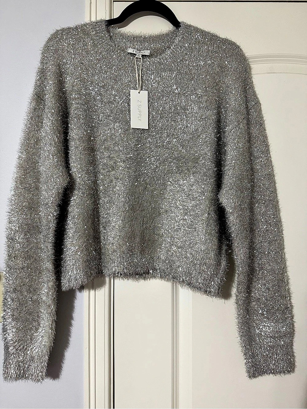 Z Supply Tinseltown Sweater Silver Metallic Crewneck Size Large